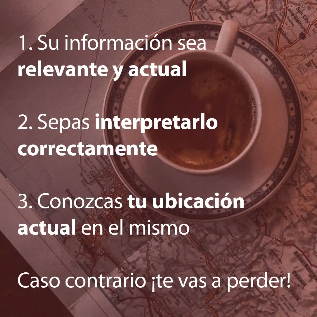 Frase dice Frase continúa: "1 su información sea relevante y actual, 2 sepas interpretarlo correctamente, 3 conozcas tu ubicación actual en el mismo. Caso contrario, te perderás.